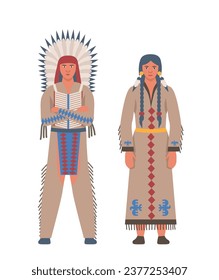 Native american character. Man and woman in clothes with feathers. People in traditional costume. Poster or banner. Cartoon flat vector illustration isolated on white background