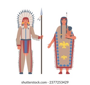 Native american character. Man and woman with spear and feathers. People in traditional costume. Sticker for social networks. Cartoon flat vector illustration isolated on white background