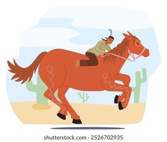 Personagem Indígena Americano Montando Um Cavalo Galopante Através Da Paisagem Desértica Do Oeste Selvagem Com Cactos E Céu Aberto. Ilustração de vetor de desenhos animados evocando o espírito da aventura do oeste selvagem