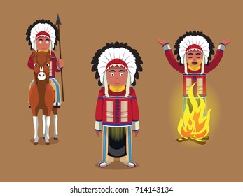 Native American Cheif Poses Cartoon Vector Illustration