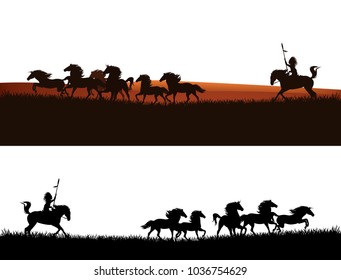 native american chief chasing herd of mustang horses - wild west vector silhouette design
