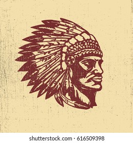 Native american chief head illustration. Design elements for logo, label, emblem,sign. Vector illustration