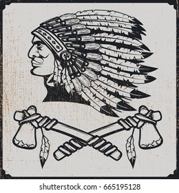 Native american chief head in traditional headdress with tomahawks. Vector design element