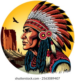 Native American Chief Portrait looking far away in a wild Landscape on Sunset Background Vector Illustration 