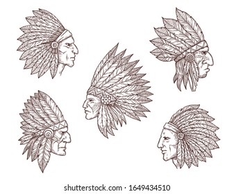Native American Chief Sketches. Vector Heads Of Indian Man, Apache Tribe Warrior And Cherokee Archer With Feather Headdresses And Tribal Face Paint, History Of America And Ethnic Culture Theme