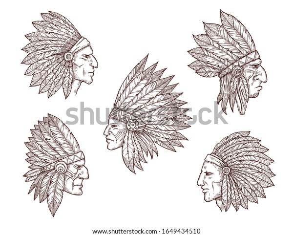 Native american chief sketches. Vector heads of\
indian man, apache tribe warrior and cherokee archer with feather\
headdresses and tribal face paint, history of America and ethnic\
culture theme