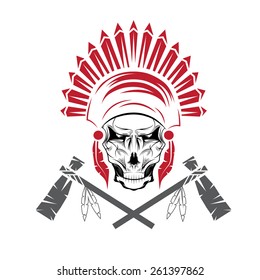 Native American chief skull in tribal headdress with tomahawks