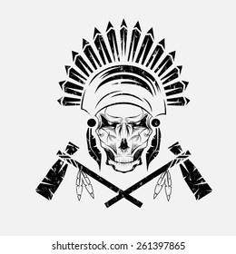 Native American chief skull in tribal headdress with tomahawks