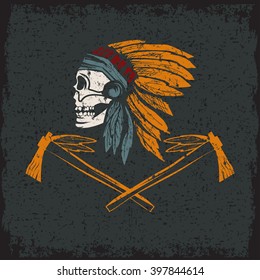 Native American chief skull in tribal headdress with tomahawks