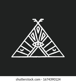 Native American chief teepee chalk white icon on black background. Tribal dwelling. Hut with ethnic ornament and all seeing eye. Wigwam with ethnic decorations. Isolated vector chalkboard illustration