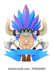 Native American chief with a tomahawk and banner