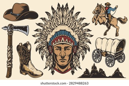Native American chief wears feathered headdress. Cowboy rides horse with determination. Vintage wagon stands beside rocky terrain. Hand-hewn axe rests beside worn boot. Leather hat shows rugged style
