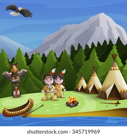 Native american concept with cartoon persons teepees and  mountains background vector illustration