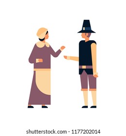 native american couple thanksgiving day celebrating concept man woman wearing traditional clothes communication male female cartoon character full length isolated flat vector illustration