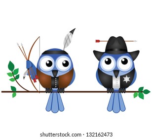 Native American and Cowboy on a tree branch isolated on white background