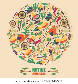 Native American culture icons in round frame composition, vector illustration. Collection of ethnic symbols and items in flat style. American Indian accessories tent, tomahawk, canoe and dream catcher