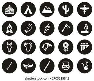 Native American Culture Icons White On Black Flat Design Circle Set Big