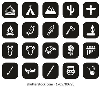 Native American Culture Icons White On Black Flat Design Set Big