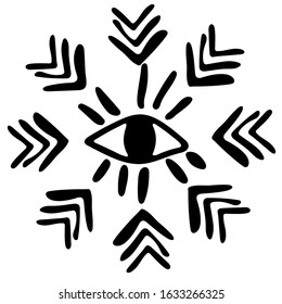 Native American culture. Image of a big open eye in boho style. Hieroglyphs and arrows arranged in a circle. Black and white flat image