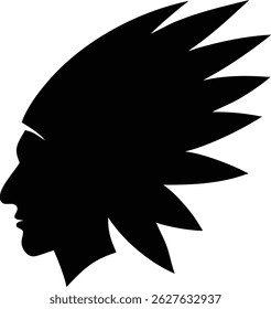 Native American culture represented through a solid black silhouette of a chief in profile, wearing a feathered headdress, symbolizing traditional heritage.