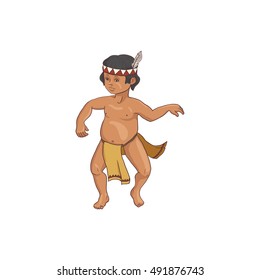 native american, dancing indian boy in traditional costume, hand drawn vector illustration
