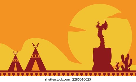 Antecedentes del Día Nativo Estadounidense con área de copia. Siluetas de estatuas nativas americanas al atardecer. Adecuado para el evento del día de los nativos estadounidenses