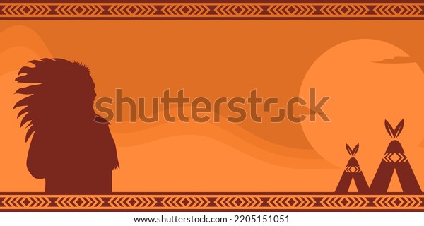 Native American Day Background with copy space\
area. Native american silhouettes at sunset. Suitable to use on\
Native American day\
event