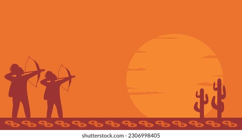 Native American Day Background Design. Two native Americans pulling arrows or bows in the desert where there are cactus plants. Perfect for Native American Day celebrations.