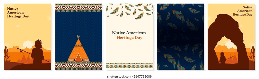 native american day background design, set of native american heritage day poster template design for social media post, Apache American tribal style decoration background vector illustration