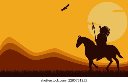 Native American Day Background silhouettes at sunset with copy space area