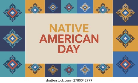 native american day banner design with colorful tribal geometric patterns ethnic ornament background indigenous cultural celebration vector illustration artwork