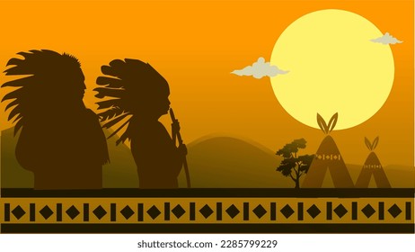 Native American Day couple Background with copy space area. Native american silhouettes at sunset. Suitable to use on Native American day event