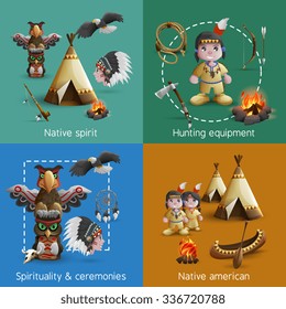 Native american design icons set with persons in national dress and lifestyle elements vector illustration