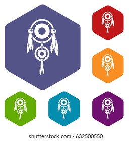 Native american dreamcatcher icons set hexagon isolated vector illustration