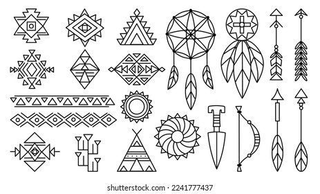 Indianische Elemente, navajo-Indianersymbole. Dreamcatcher, Pfeile und Motive. Aztec-Elemente, anständiger, geometrischer Vektorsatz
