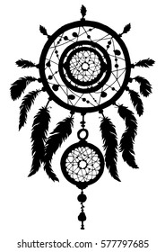 Native american ethnic tribal talisman. Vector art. Dreamcatcher silhouette