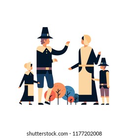 native american family thanksgiving day celebrationg concept parents children communication cartoon character isolated flat full length vector illustration