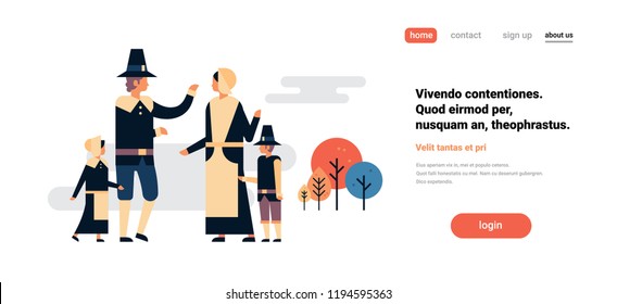 native american family thanksgiving day celebrationg concept parents children communication cartoon character isolated flat full length horizontal copy space vector illustration