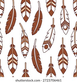 Pena americana nativa e seta padrão de azulejos sem costura com tons de terra e conceito de símbolos tradicionais como tons de terra exibem penas e setas ameríndias em padrão de azulejos sem costura com símbolos tradicionais em Photo Stock Concept e espaço vazio no lado esquerdo, sem texto —ar 7:2 —tile