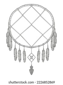 Native American feather round frame Engraving drawing style vector Illustration
