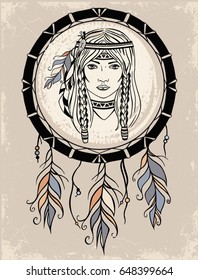 Native american girl and feathers frame. Vector hand drawn boho black and white illustration of beautiful indian girl and dream catcher. Native american indian tribal sketch background