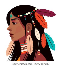 niña nativa americana con plumas en la ilustración de la cabeza