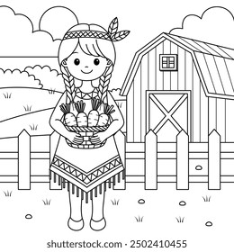 Native American girl holding basket of carrots on the farm background outline coloring page. Thanksgiving hand drawn colouring	
