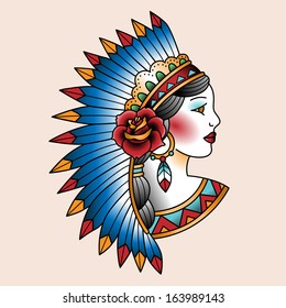 Native american girl in national headdress. Tattoo art illustration