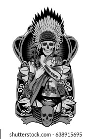 Native American girl with skulls headdress. Vector illustration.