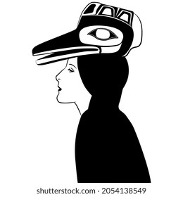 Native American girl in Tlingit raven mask. Ethnic Indigenous beauty. Black and white silhouette.