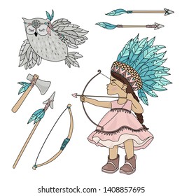 Native American Girl Vector Illustration Set