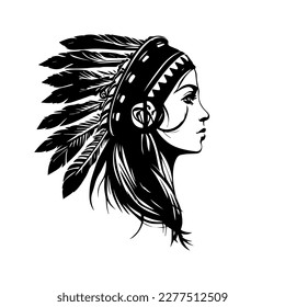 native american girl wearing indian chief head hand drawn illustration