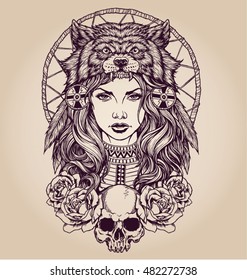 Native American girl with Wolf headdress Lineart