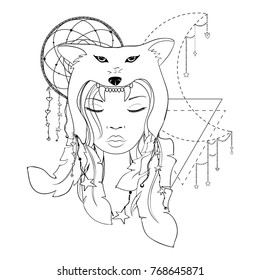 Native American girl with Wolf headdress Lineart. Hand drawn vector portrait of a beautiful shaman woman. Banner, poster, card, t-shirt design template. Coloring book.